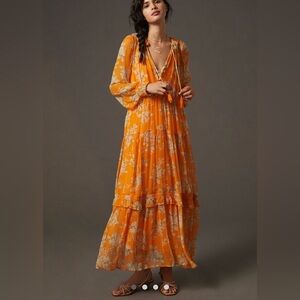 Anthro Somerset Maxi Dress Marais Print Orange Floral Size M